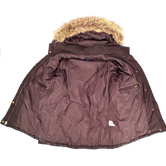 Lands End Down Jacket Womens Large 14-16 Brown Down Filled Zip Up Coat Fur Hood - Picture 12 of 14